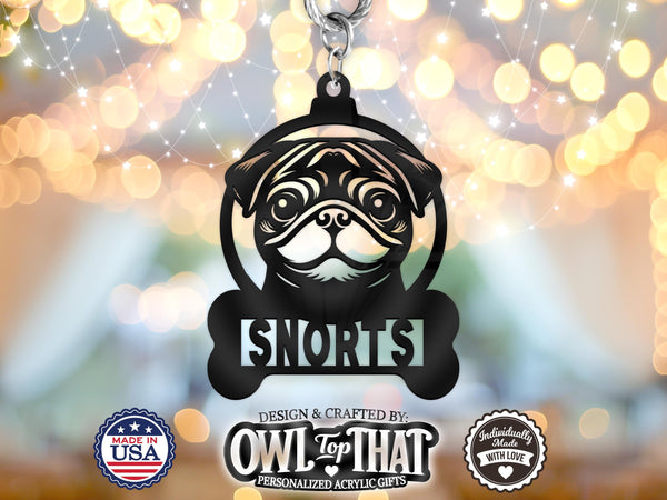 Pet Pug Dog Bone Custom Name Tag Ornament - Personalized Name & Date - Gift Tags, Event Markers, Holiday Ornaments and More