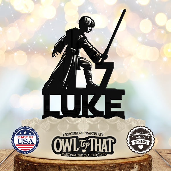 Jedi Training Padawan Custom Birthday Cake Topper - Lightsaber Duel - Personalized Name & Age - Movie Themed