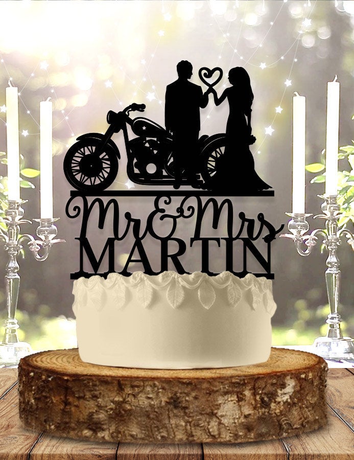 Motorcycle Biker Bride and Groom Couple Bikers Wedding Cake Topper Personalized