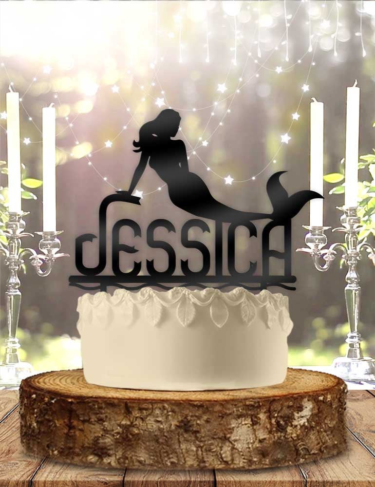 Mermaid Laying on Name Personalized Birthday Cake Topper