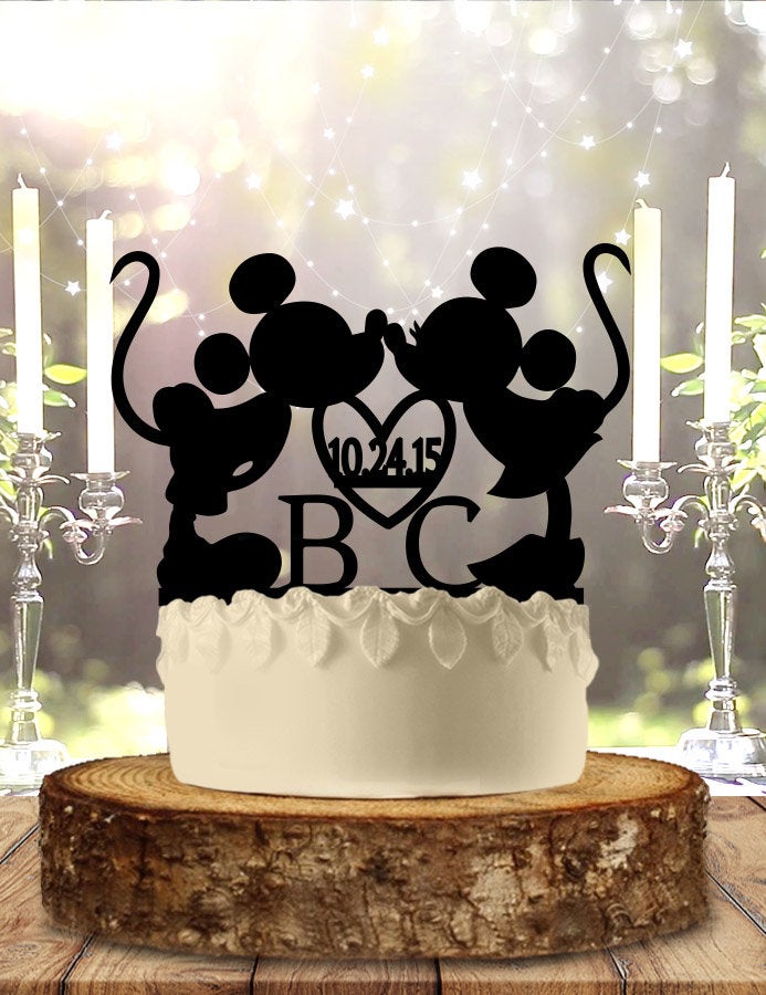 Mr and Mrs Mickey with Initials and Date Wedding Cake Topper