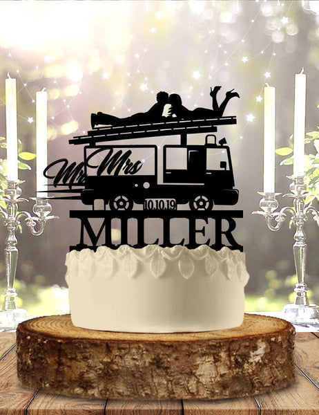 Fireman Couple On Truck Personalized Wedding Cake Topper