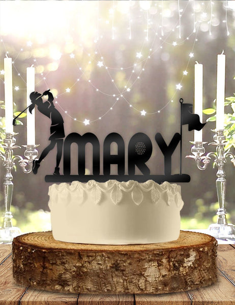 Woman Golfing Flag Name Personalized Birthday Cake Topper