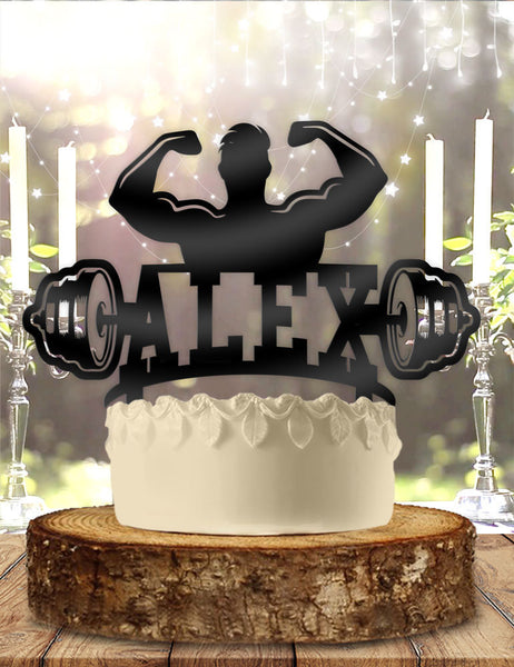 Strong Man Weightlifter Bodybuilder Name Personalized Birthday Cake Topper