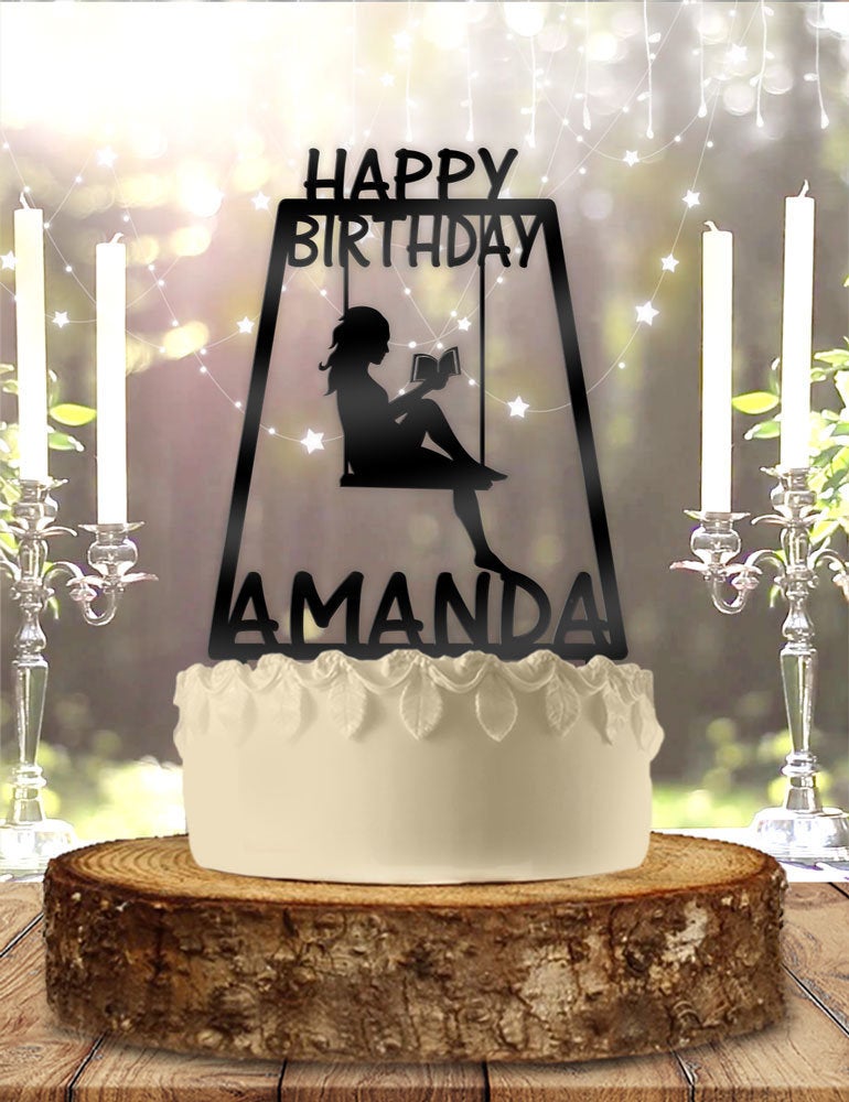 Female Reading Book on Swing with Name Personalized Birthday Cake Topper