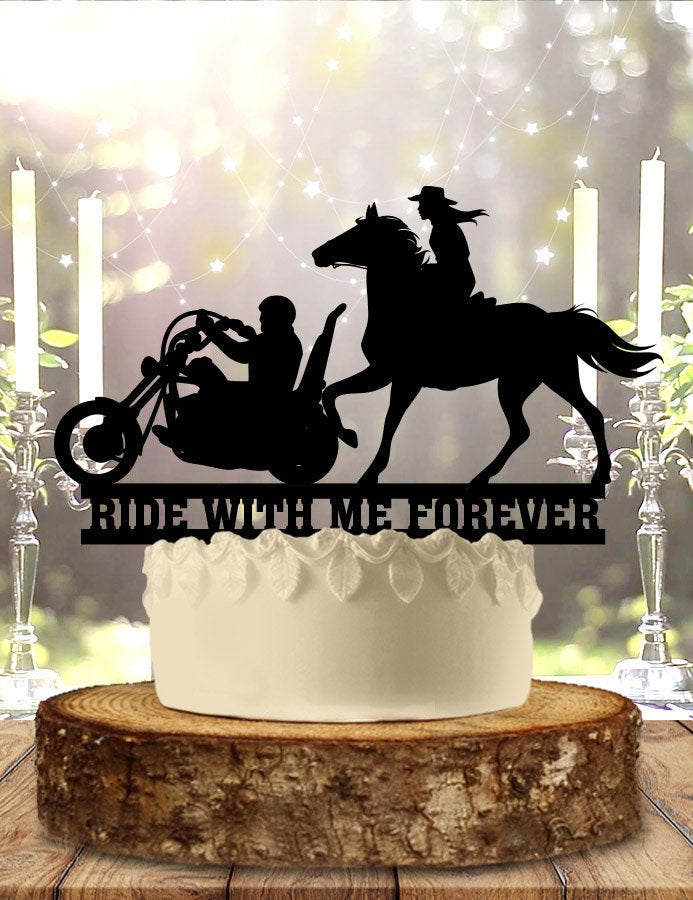 Motorcycle Horse Ride With Me Forever Wedding/Anniversary Cake Topper