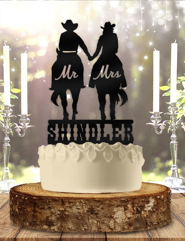 Horse Riding Couple Cowboy Cowgirl Mr Mrs Name Personalized Custom Acrylic Wedding Anniversary Cake Topper