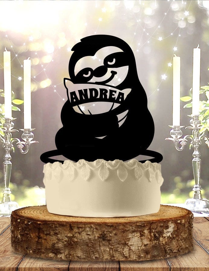 Adorable Sloth Holding Name Birthday Cake Topper