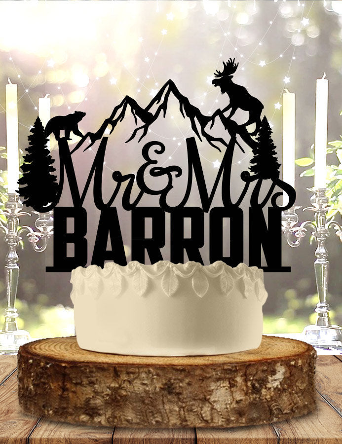 Mountain Scene Mr Mrs with Name Personalized Custom Acrylic Wedding Anniversary Cake Topper