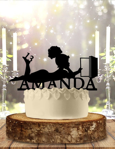 Girl Reading Books With Name Birthday Cake Topper