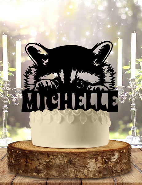 Raccoon Wildlife Nature Holding Name Personalized Cute Birthday Cake Topper