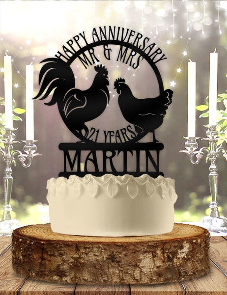 Rooster and Hen Anniversary Mr Mrs Name and Years Personalized Cake Topper