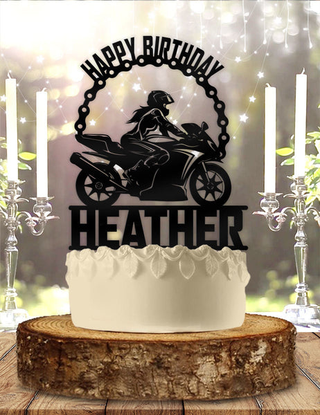 Female Sports Biker Motorcycle Chain Personalized Birthday Cake Topper