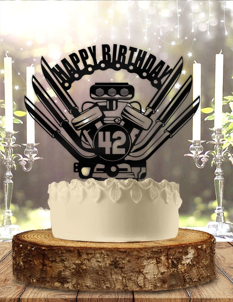 Motor Head Auto Mechanic Muscle Engine Chain with Age Personalized Birthday Cake Topper