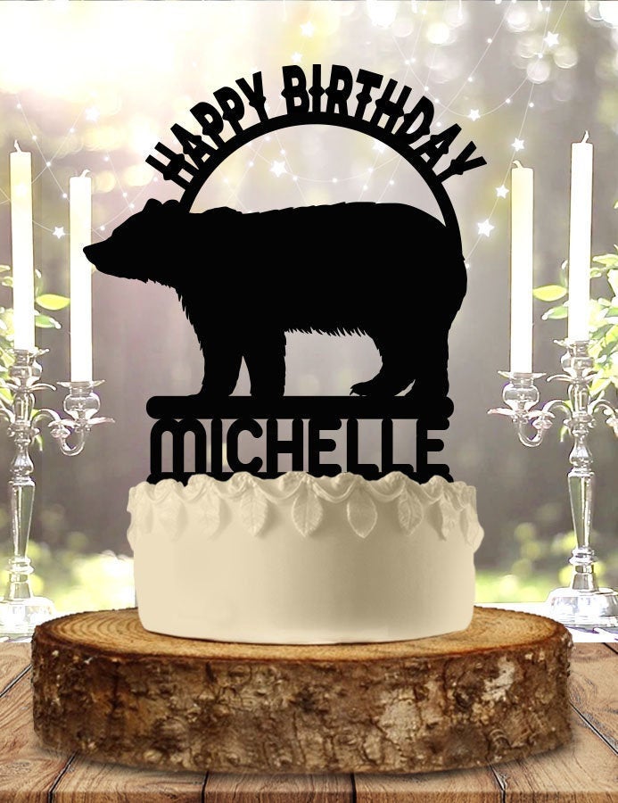 Bear Camping Wildlife Nature Holding Name Personalized Cute Birthday Cake Topper