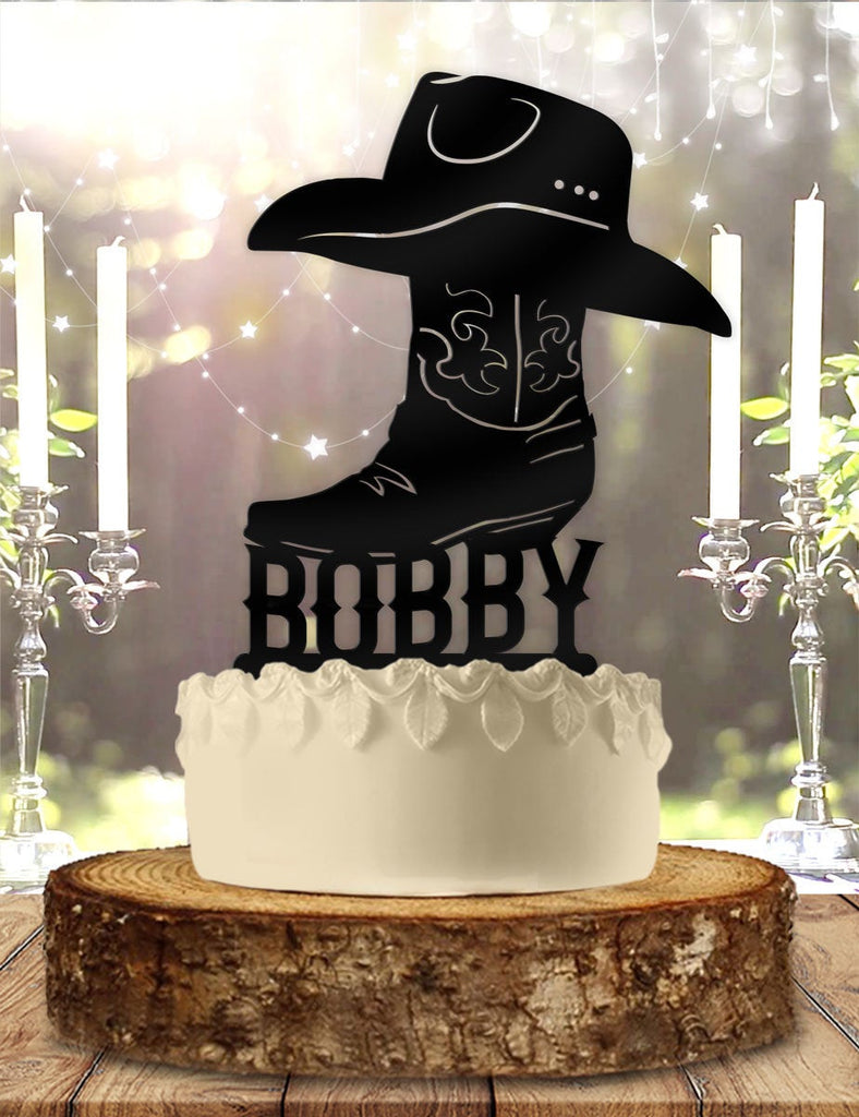 Boys Cowboy Boot Birthday With Name Cake Topper