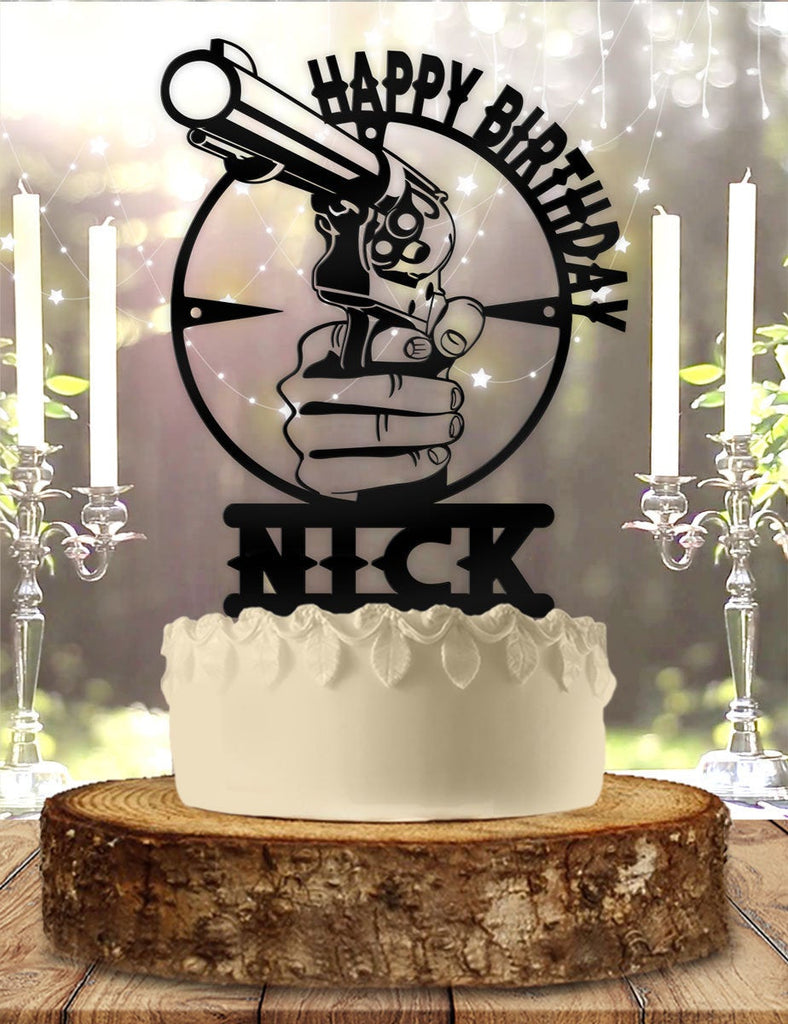 Handgun Revolver Sight Personalized Birthday Cake Topper
